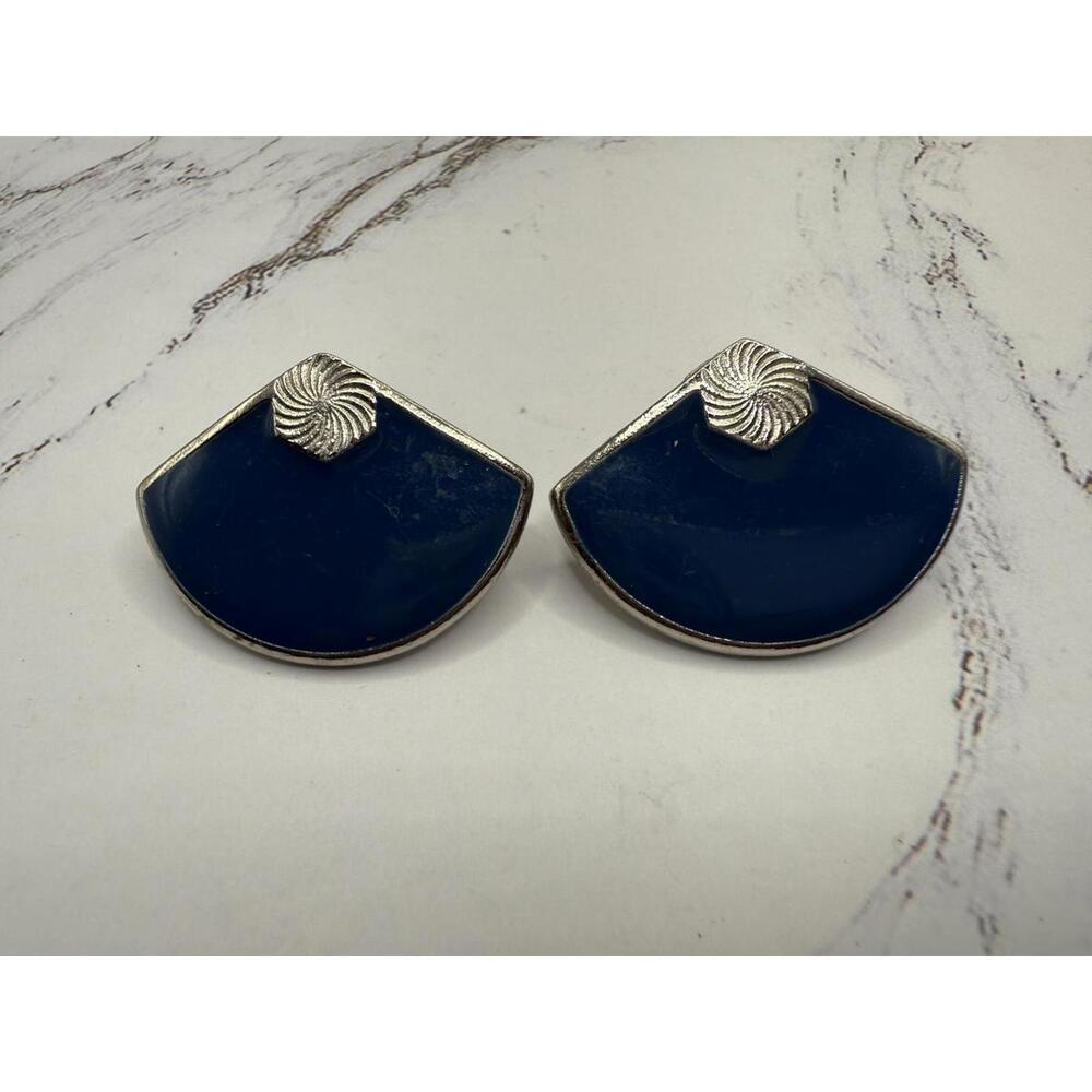 Retro Chic Navy Blue and Silver Fan-Shaped Earrings